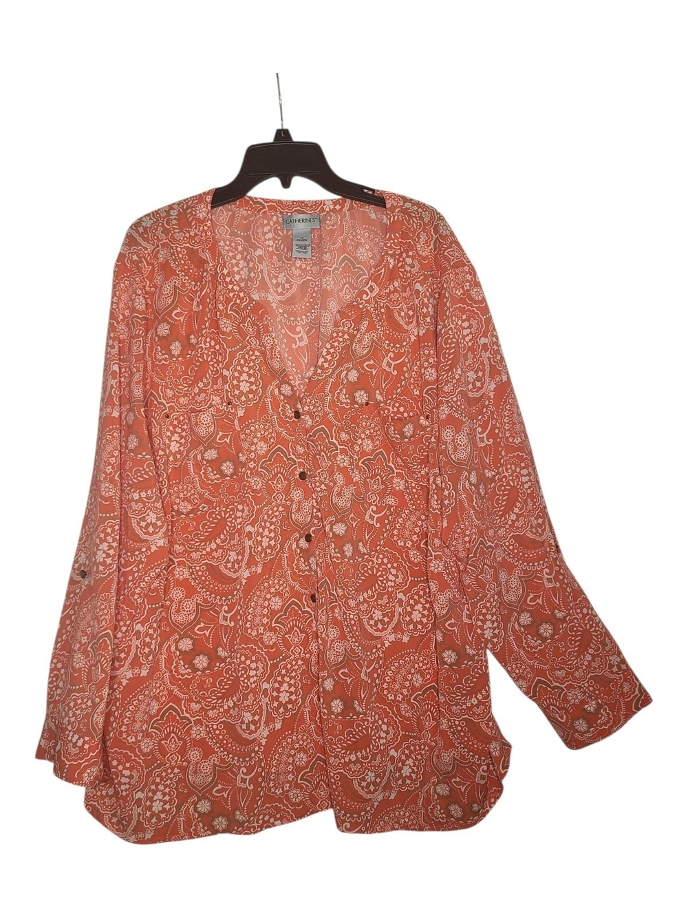 Catherines Plus Size 3X Coral Paisley Button Front Roll Tab Sleeve Blouse Top
